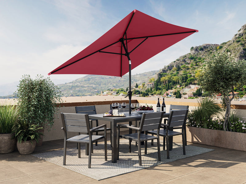wine red square patio umbrella, tilting 300 Series lifestyle scene CorLiving