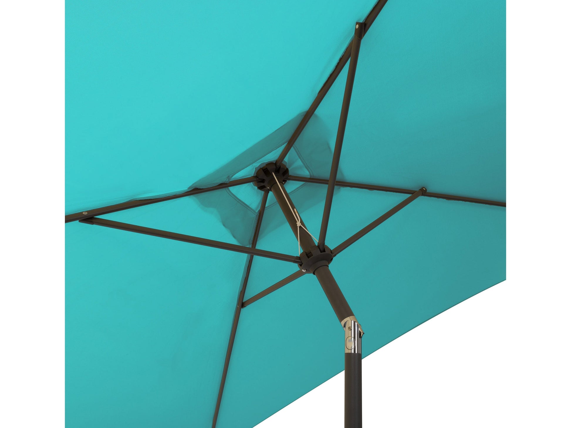 Turquoise 9ft square patio umbrella with tilting mechanism, sturdy aluminum frame, UV-resistant fabric, and crank lift system, perfect for outdoor shade on patios or gardens.