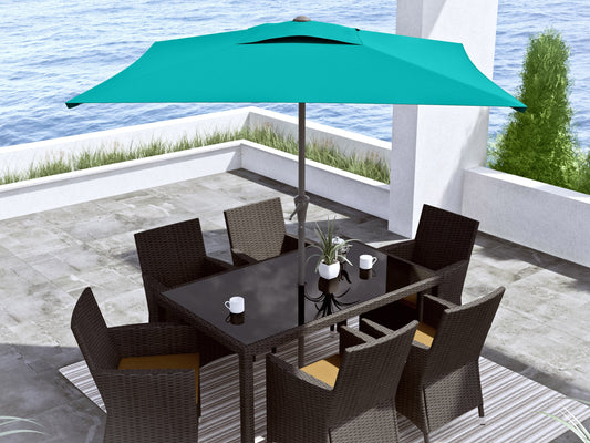 Turquoise 9ft square patio umbrella with tilting mechanism, sturdy aluminum frame, UV-resistant fabric, and crank lift system, perfect for outdoor shade on patios or gardens.