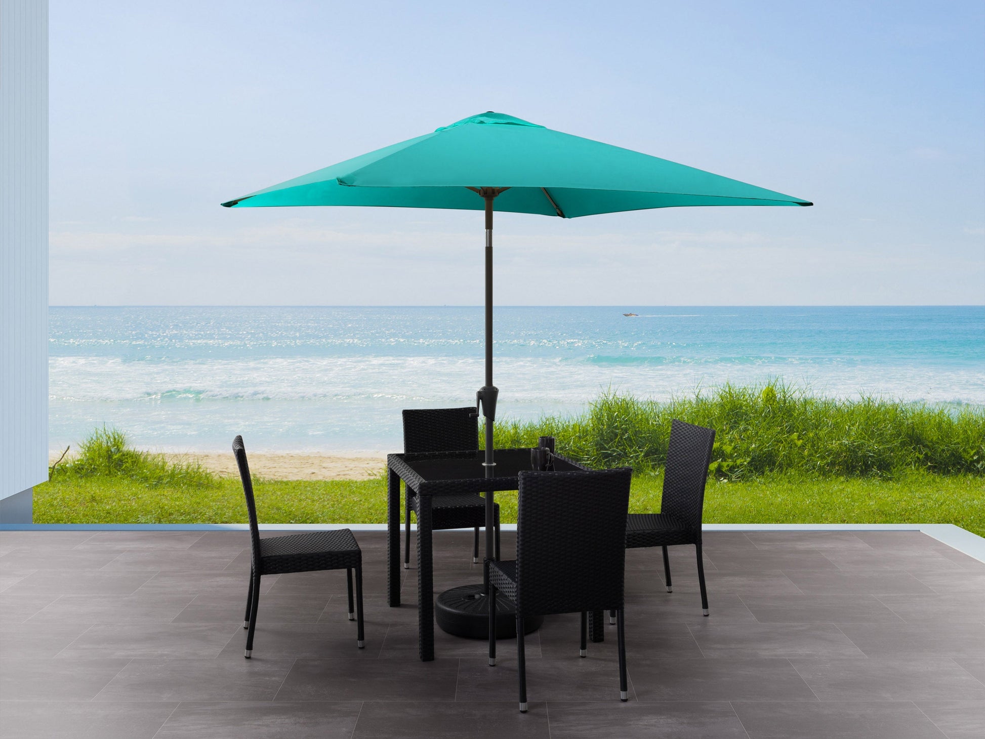 Turquoise 9ft square patio umbrella with tilting mechanism, sturdy aluminum frame, UV-resistant fabric, and crank lift system, perfect for outdoor shade on patios or gardens.