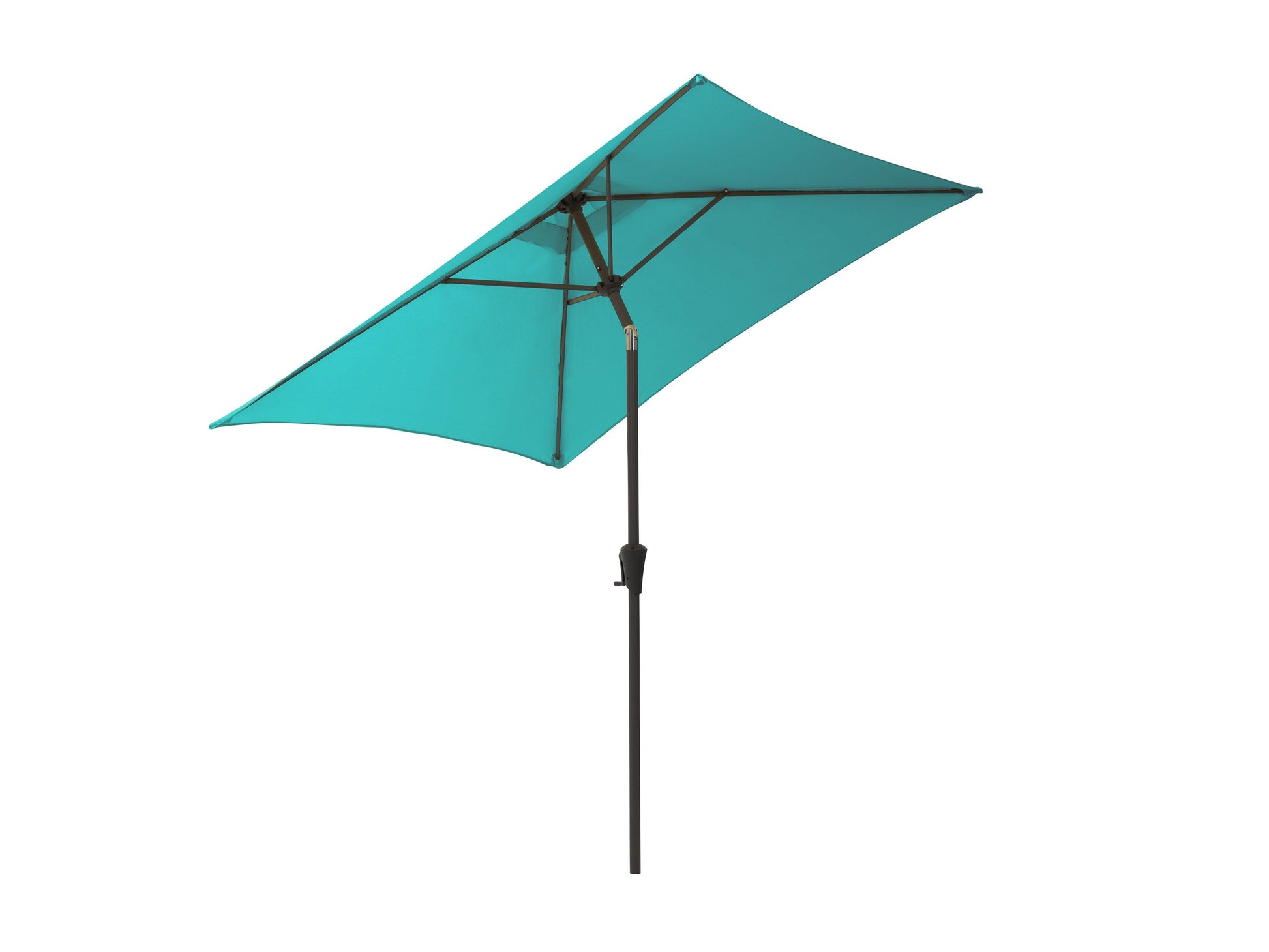 Turquoise 9ft square patio umbrella with tilting mechanism, sturdy aluminum frame, UV-resistant fabric, and crank lift system, perfect for outdoor shade on patios or gardens.