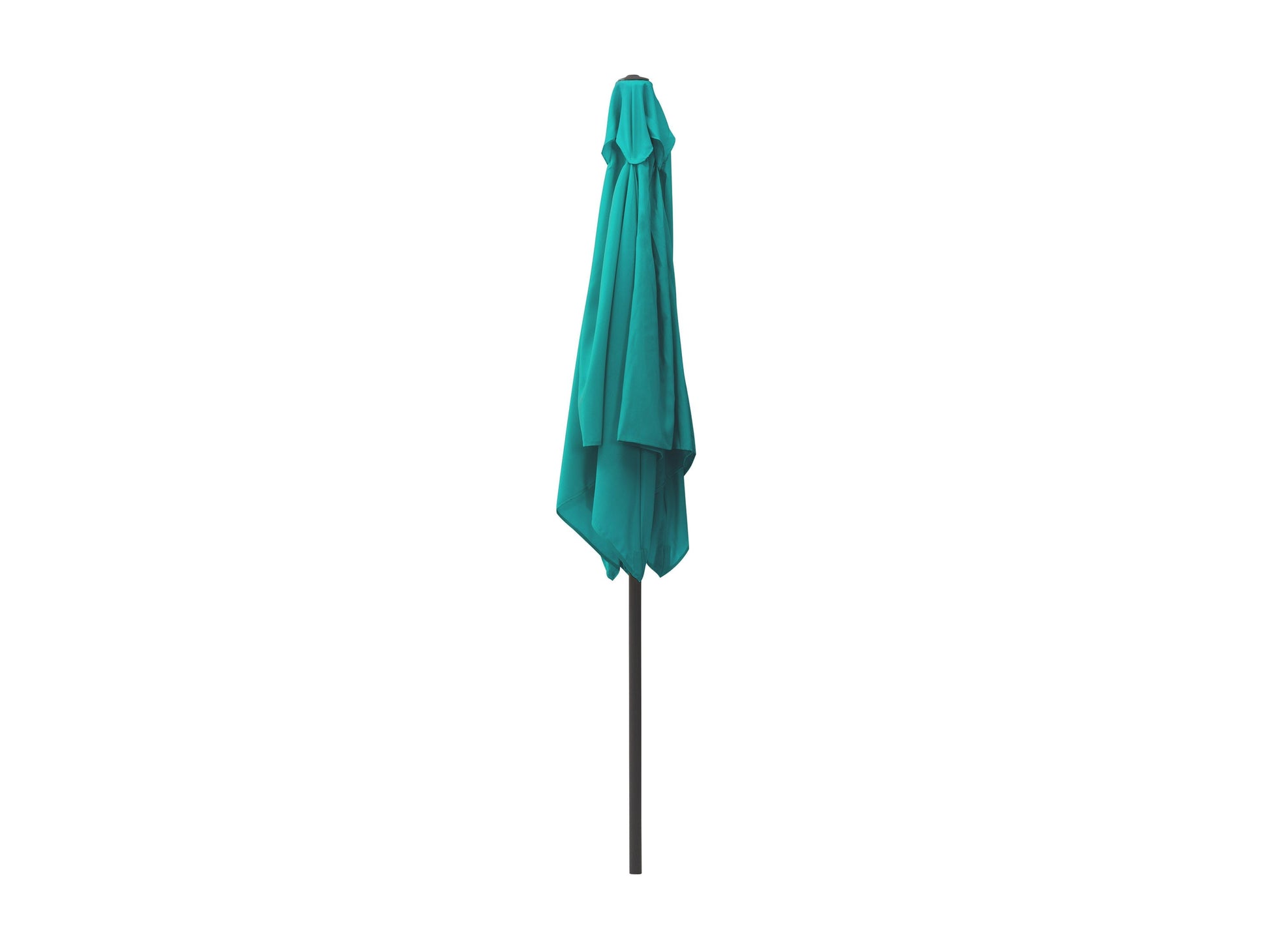 Turquoise 9ft square patio umbrella with tilting mechanism, sturdy aluminum frame, UV-resistant fabric, and crank lift system, perfect for outdoor shade on patios or gardens.