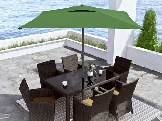 Forest green 9ft square patio umbrella with tilting mechanism, sturdy aluminum frame, UV-resistant fabric, and easy crank lift system, perfect for outdoor shade on patios and gardens.