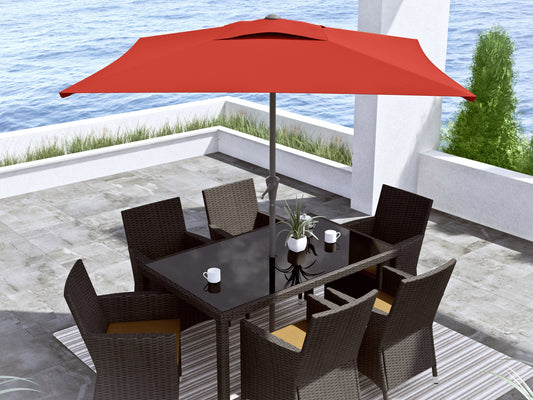 Crimson red 9ft square patio umbrella with tilting mechanism, sturdy aluminum pole, and UV-resistant fabric, perfect for outdoor shade and garden decor.