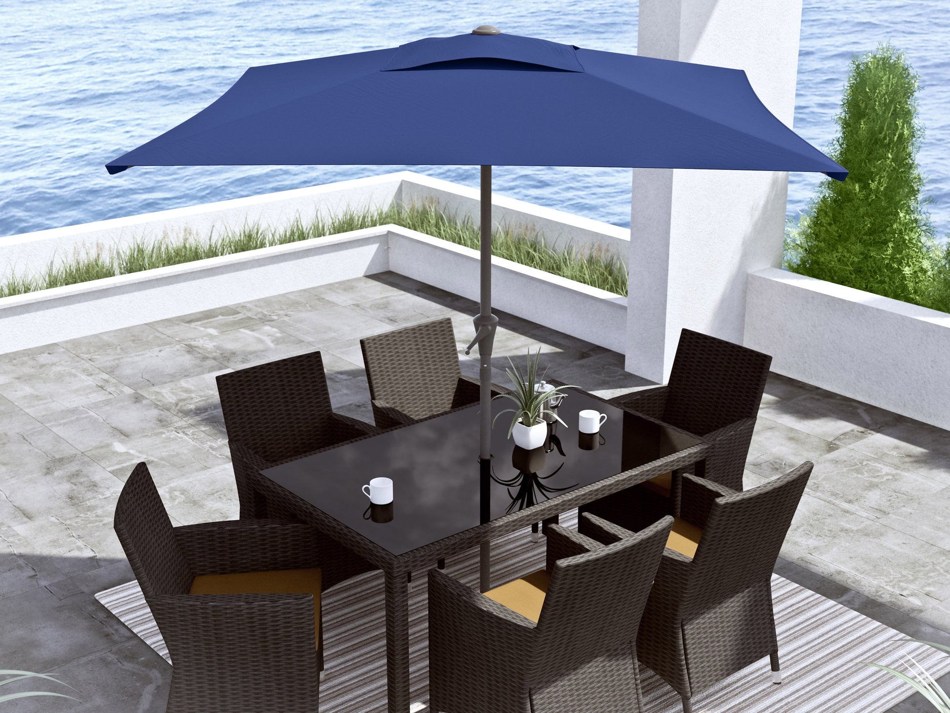 9ft square tilting patio umbrella in cobalt blue with sturdy aluminum frame, UV-resistant canopy, and easy-tilt mechanism, perfect for outdoor shade and garden decor.