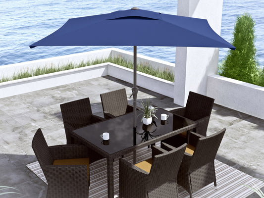9ft square tilting patio umbrella in cobalt blue with sturdy aluminum frame, UV-resistant canopy, and easy-tilt mechanism, perfect for outdoor shade and garden decor.