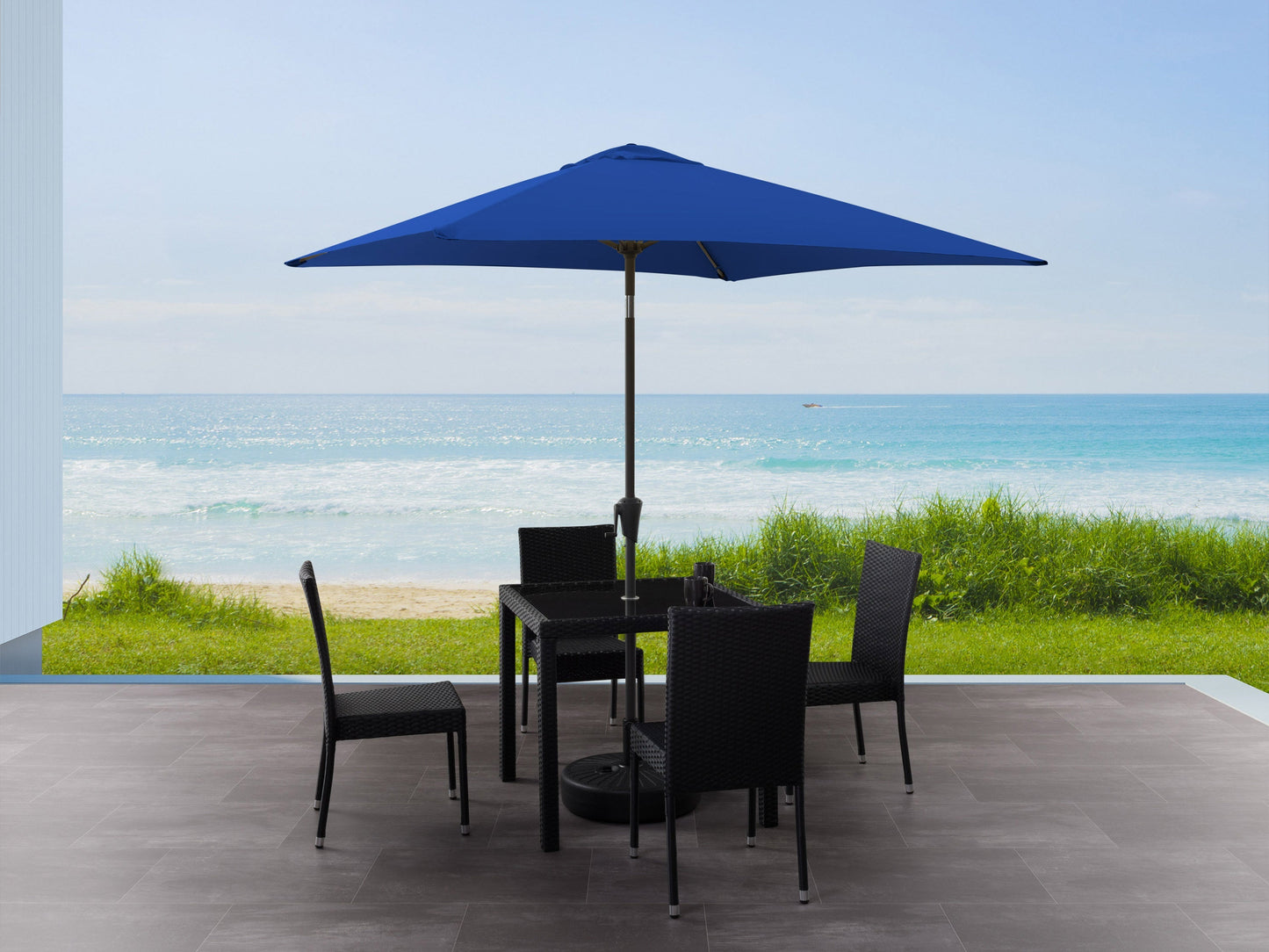 9ft square tilting patio umbrella in cobalt blue with sturdy aluminum frame, UV-resistant canopy, and easy-tilt mechanism, perfect for outdoor shade and garden decor.