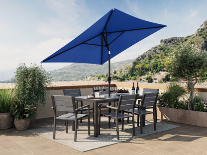 9ft square tilting patio umbrella in cobalt blue with sturdy aluminum frame, UV-resistant canopy, and easy-tilt mechanism, perfect for outdoor shade and garden decor.