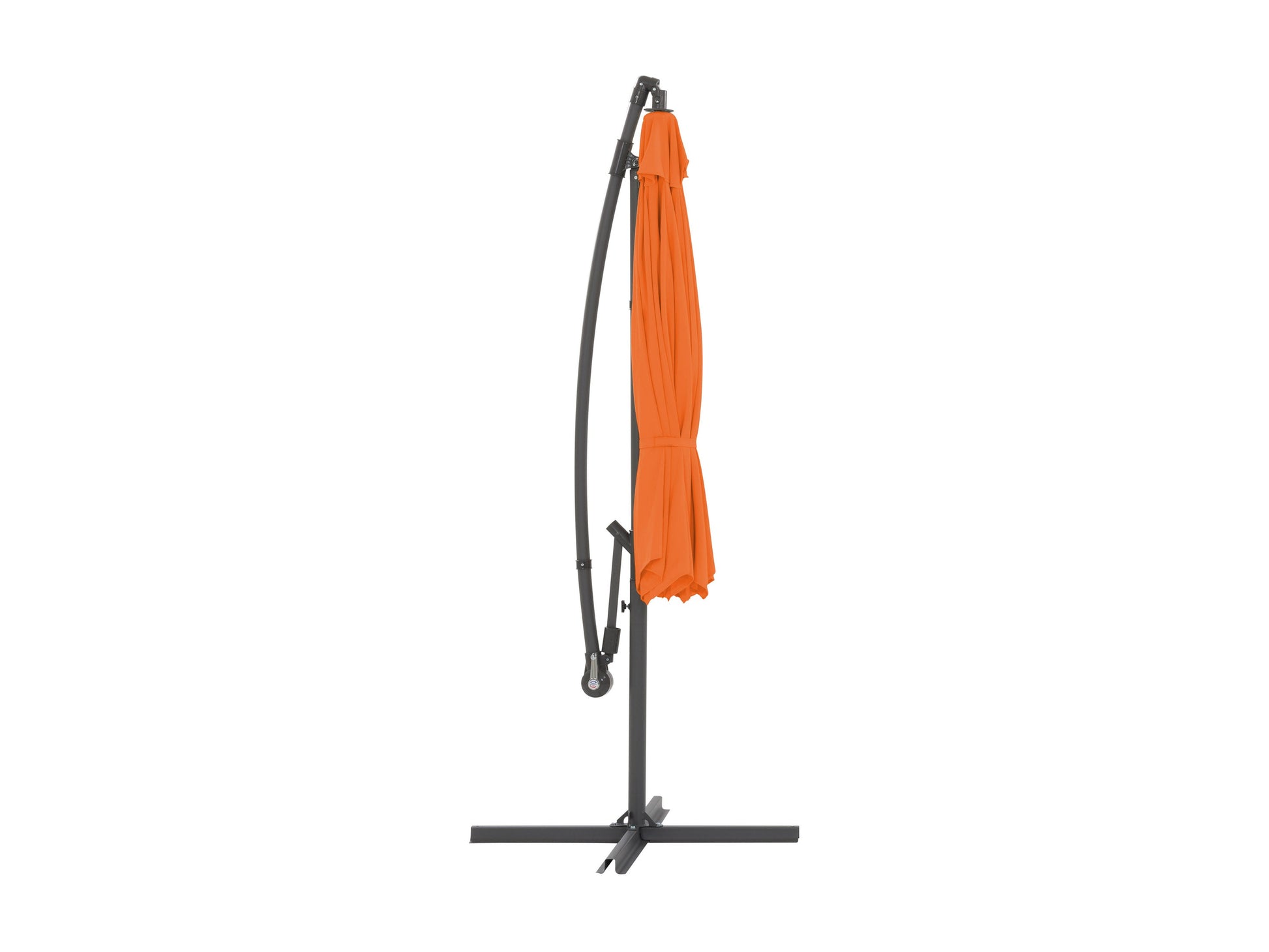 Orange 9.5ft tilting offset patio umbrella with sturdy aluminum frame, UV-resistant canopy, and easy-to-operate crank lift system, perfect for outdoor shade and patio decor.