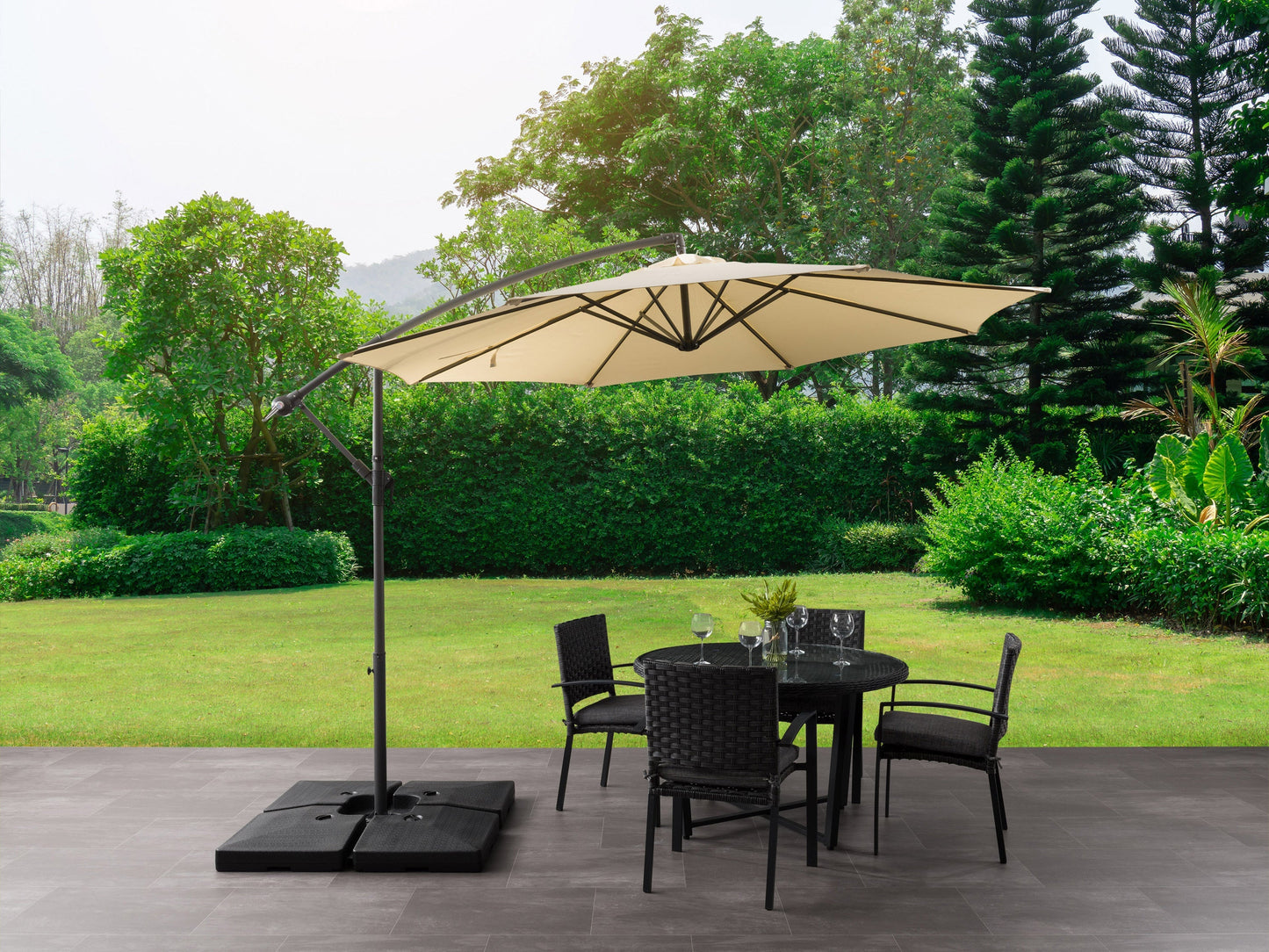 9.5ft tilting offset patio umbrella in warm white, featuring a sturdy aluminum frame, durable fabric canopy, and adjustable tilt mechanism for optimal shade coverage in outdoor spaces.