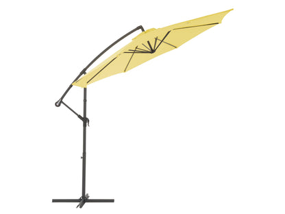 Yellow 9.5ft tilting offset patio umbrella with sturdy metal frame, adjustable tilt mechanism, and weather-resistant fabric, providing ample shade for outdoor spaces.