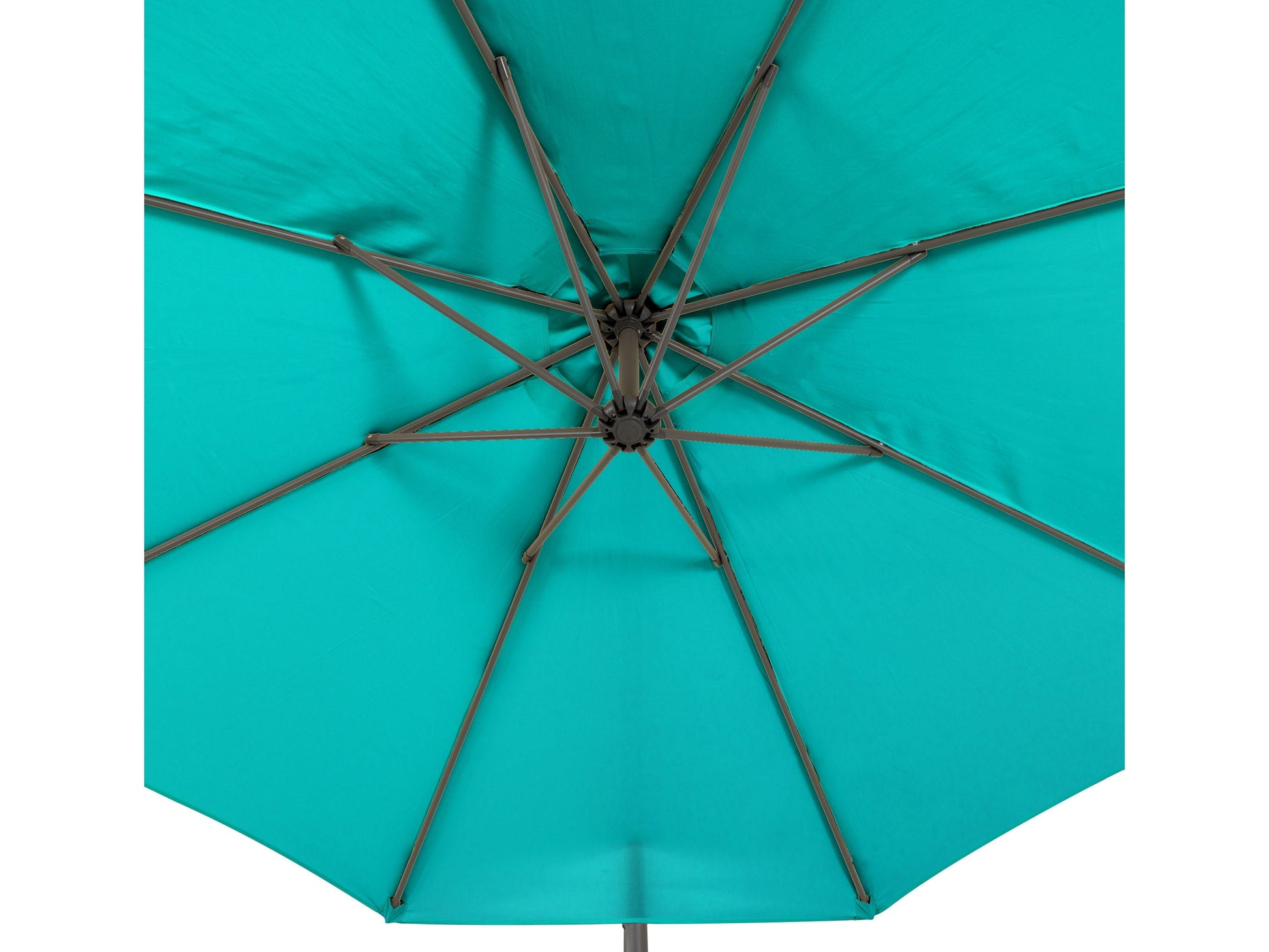 Turquoise 9.5ft tilting offset patio umbrella with sturdy metal frame, UV-resistant fabric, and crank lift system for easy adjustment, ideal for outdoor shade on patios, decks, and garden areas.