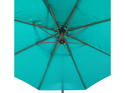 Turquoise 9.5ft tilting offset patio umbrella with sturdy metal frame, UV-resistant fabric, and crank lift system for easy adjustment, ideal for outdoor shade on patios, decks, and garden areas.