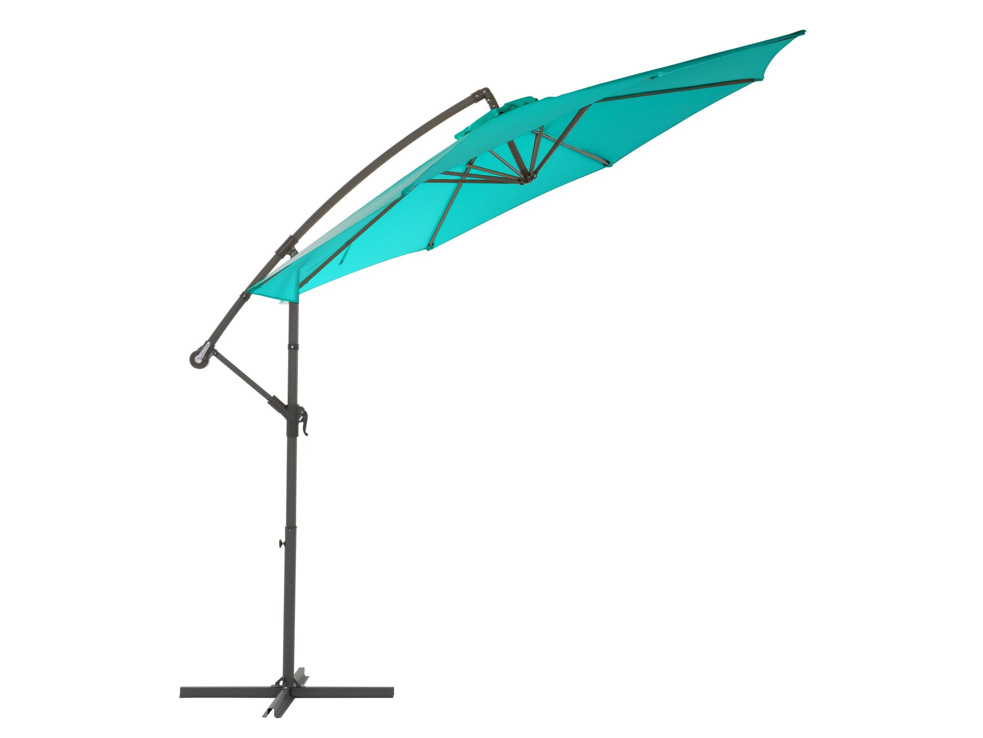 Turquoise 9.5ft tilting offset patio umbrella with sturdy metal frame, UV-resistant fabric, and crank lift system for easy adjustment, ideal for outdoor shade on patios, decks, and garden areas.