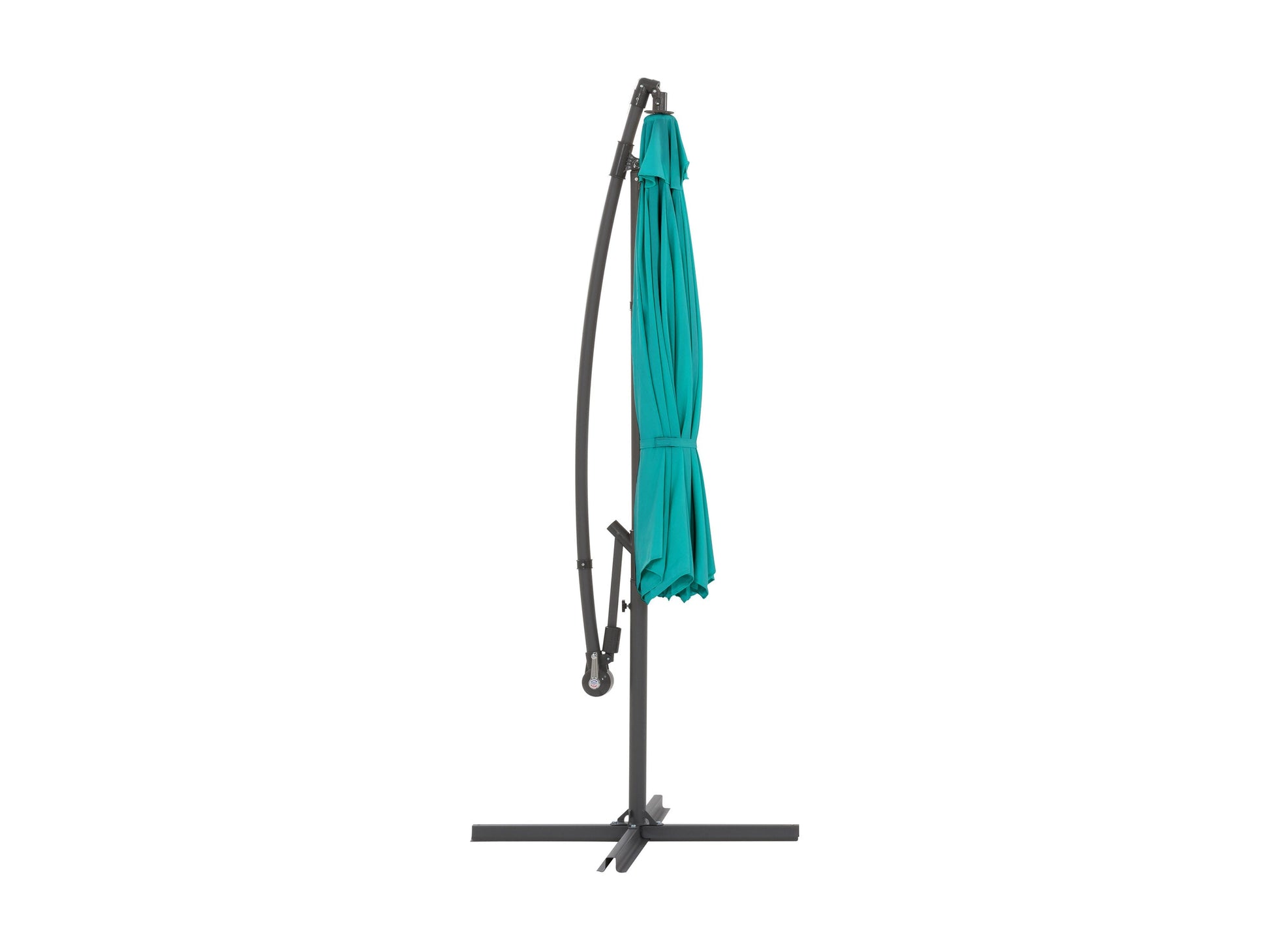 Turquoise 9.5ft tilting offset patio umbrella with sturdy metal frame, UV-resistant fabric, and crank lift system for easy adjustment, ideal for outdoor shade on patios, decks, and garden areas.
