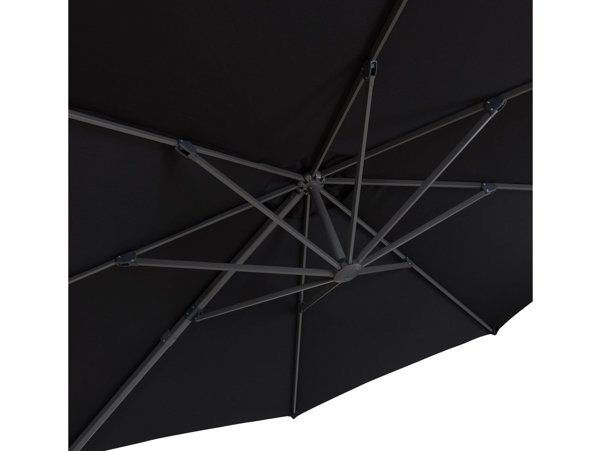 Black 11.5ft deluxe offset patio umbrella with sturdy aluminum frame, adjustable tilt, and UV-resistant canopy, providing ample shade for outdoor seating areas.