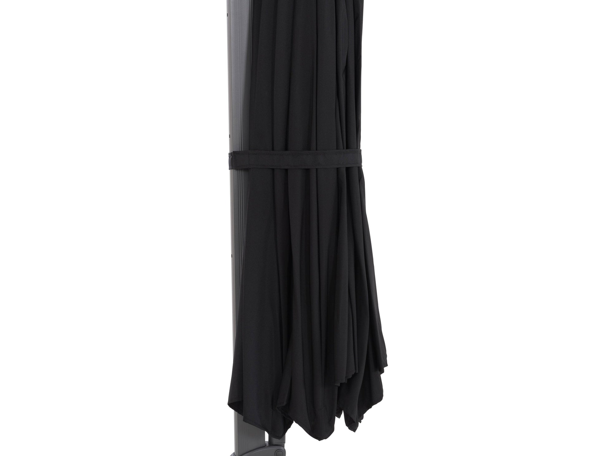 Black 11.5ft deluxe offset patio umbrella with sturdy aluminum frame, adjustable tilt, and UV-resistant canopy, providing ample shade for outdoor seating areas.