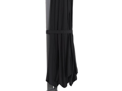 Black 11.5ft deluxe offset patio umbrella with sturdy aluminum frame, adjustable tilt, and UV-resistant canopy, providing ample shade for outdoor seating areas.