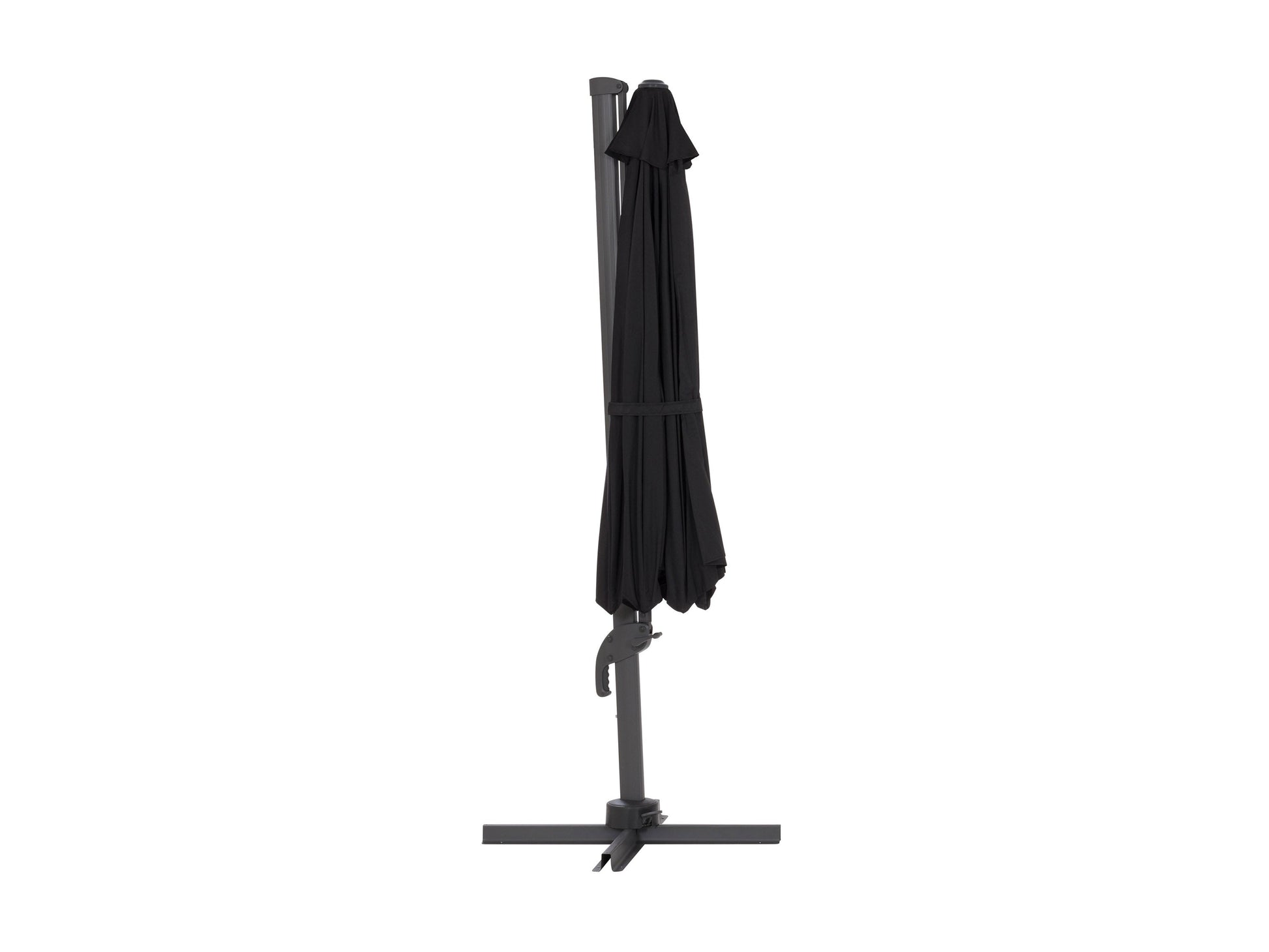 Black 11.5ft deluxe offset patio umbrella with sturdy aluminum frame, adjustable tilt, and UV-resistant canopy, providing ample shade for outdoor seating areas.
