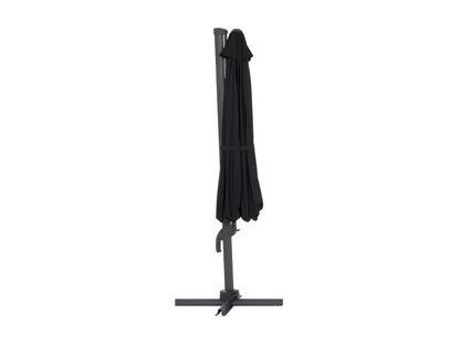 Black 11.5ft deluxe offset patio umbrella with sturdy aluminum frame, adjustable tilt, and UV-resistant canopy, providing ample shade for outdoor seating areas.