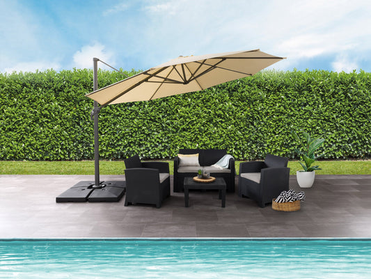 Alt Text:

"11.5ft deluxe offset patio umbrella in warm white with sturdy aluminum frame and crank lift system, providing ample shade for outdoor seating areas, perfect for patios and gardens."