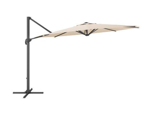 Alt Text:

"11.5ft deluxe offset patio umbrella in warm white with sturdy aluminum frame and crank lift system, providing ample shade for outdoor seating areas, perfect for patios and gardens."