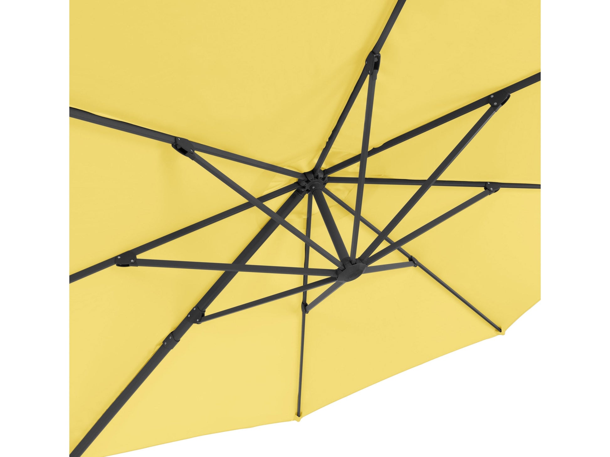 Yellow 11.5ft deluxe offset patio umbrella with a sturdy black metal frame, adjustable canopy, and wind-resistant design, providing ample shade for outdoor seating areas.