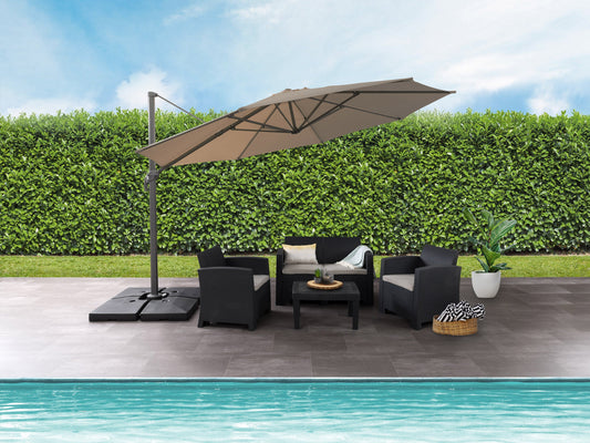 Brown 11.5ft deluxe offset patio umbrella with a sturdy aluminum frame, UV-resistant polyester canopy, and easy-to-use crank lift system. Ideal for outdoor spaces like patios, gardens, and poolside areas.