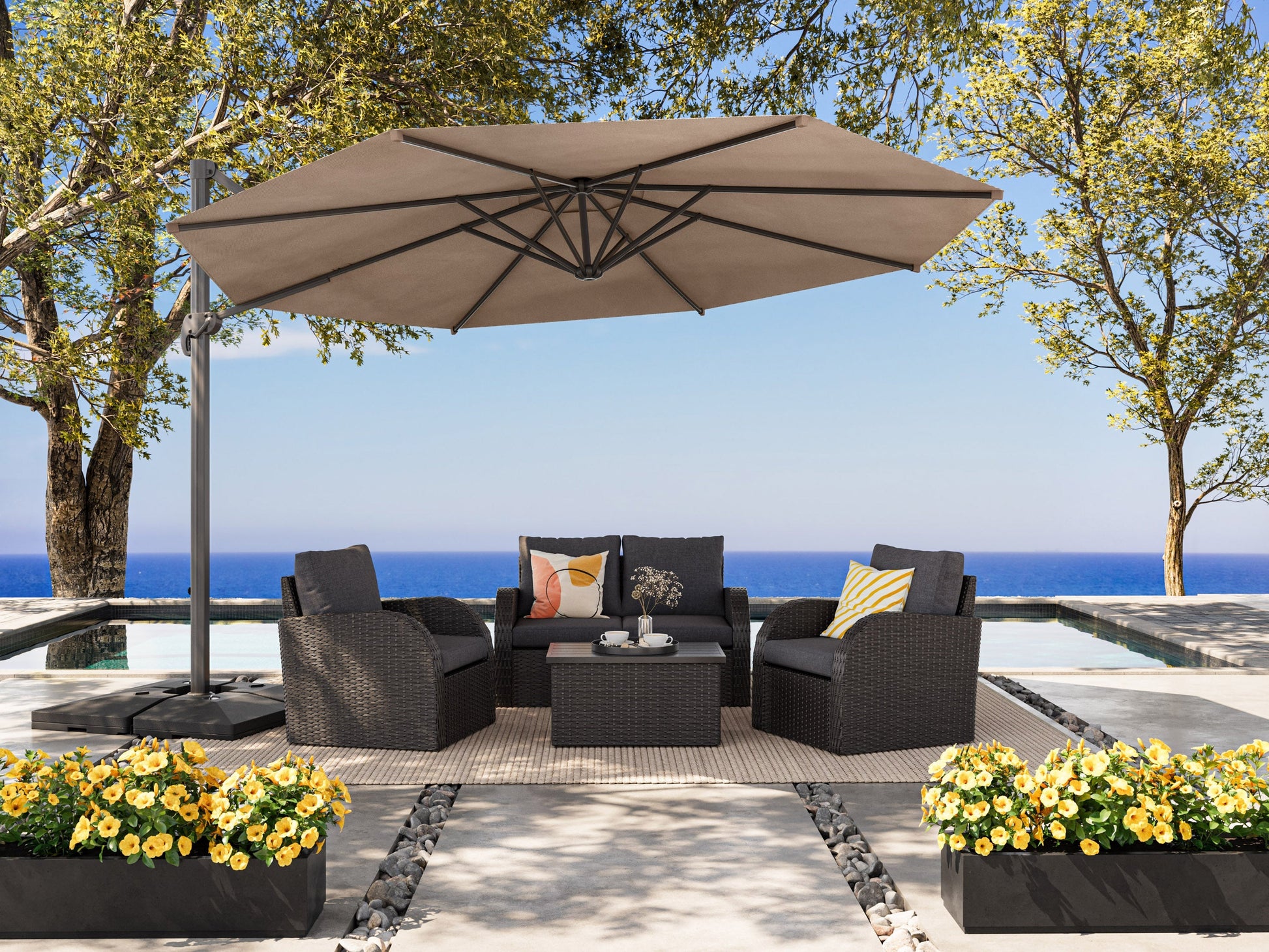 Brown 11.5ft deluxe offset patio umbrella with a sturdy aluminum frame, UV-resistant polyester canopy, and easy-to-use crank lift system. Ideal for outdoor spaces like patios, gardens, and poolside areas.