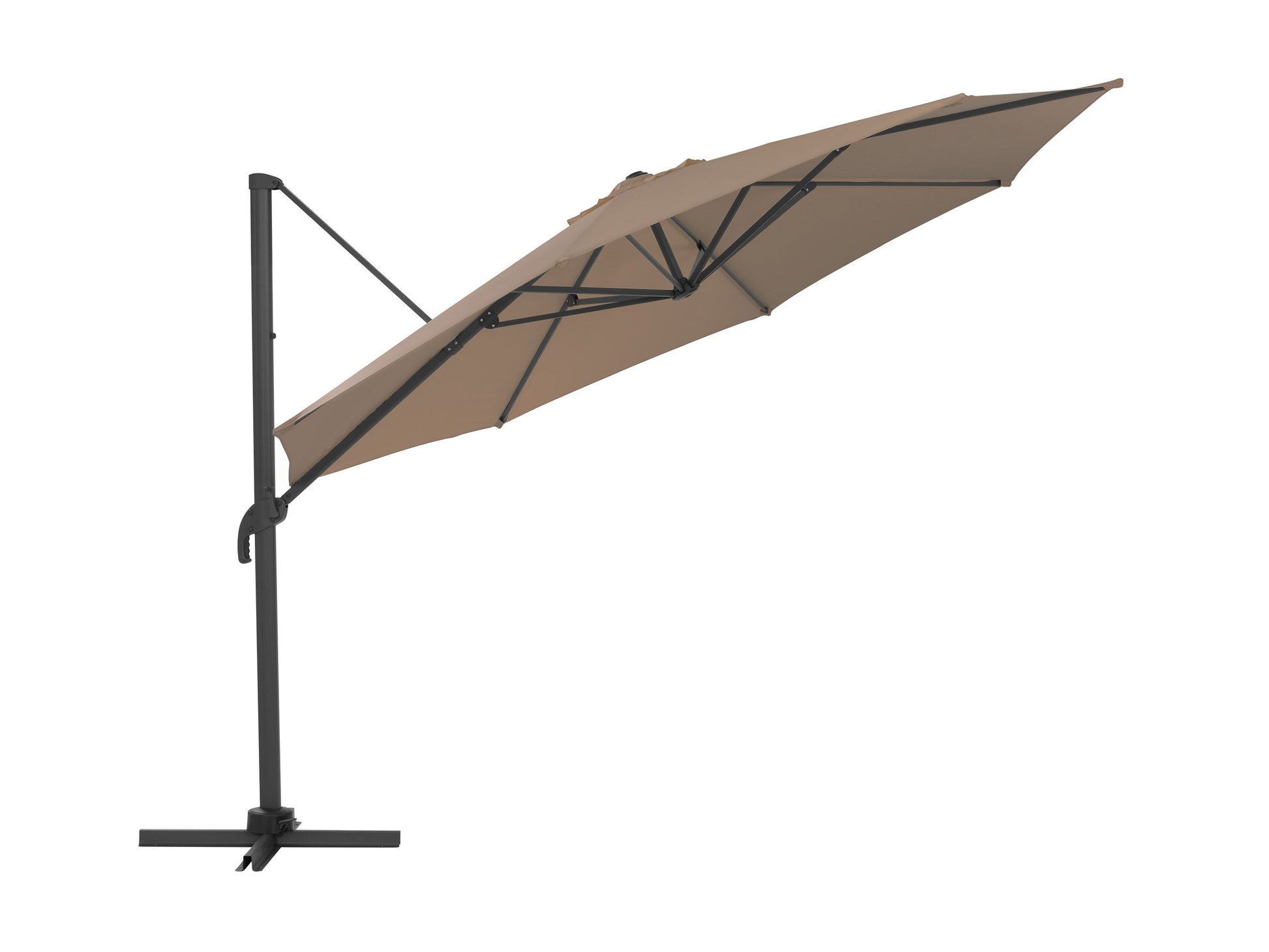 Brown 11.5ft deluxe offset patio umbrella with a sturdy aluminum frame, UV-resistant polyester canopy, and easy-to-use crank lift system. Ideal for outdoor spaces like patios, gardens, and poolside areas.