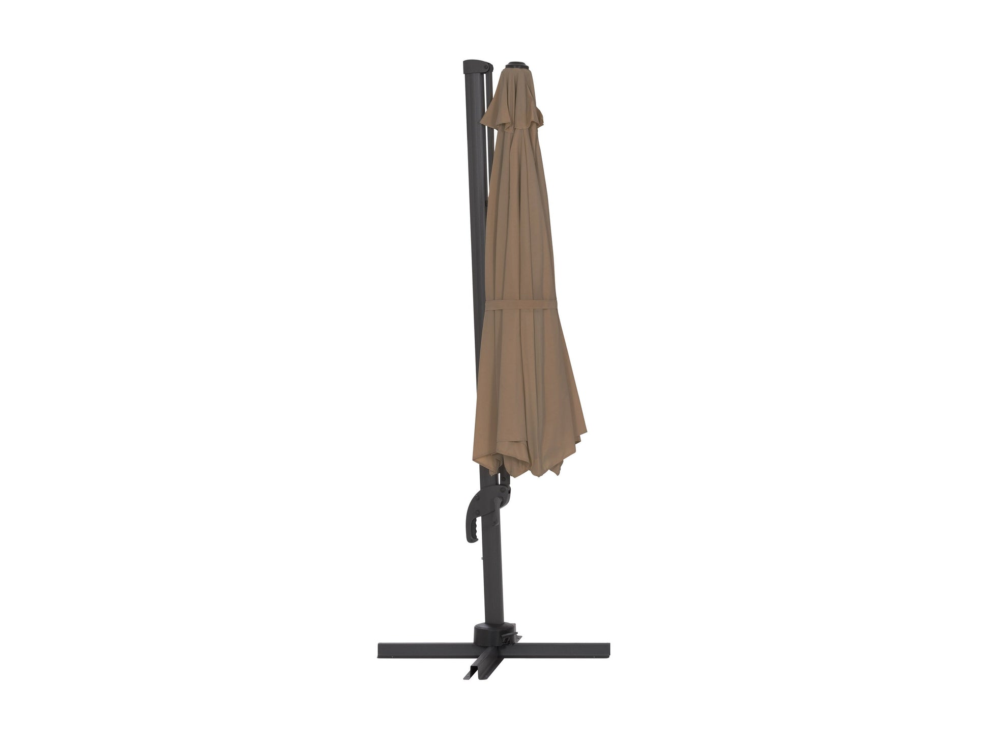 Brown 11.5ft deluxe offset patio umbrella with a sturdy aluminum frame, UV-resistant polyester canopy, and easy-to-use crank lift system. Ideal for outdoor spaces like patios, gardens, and poolside areas.