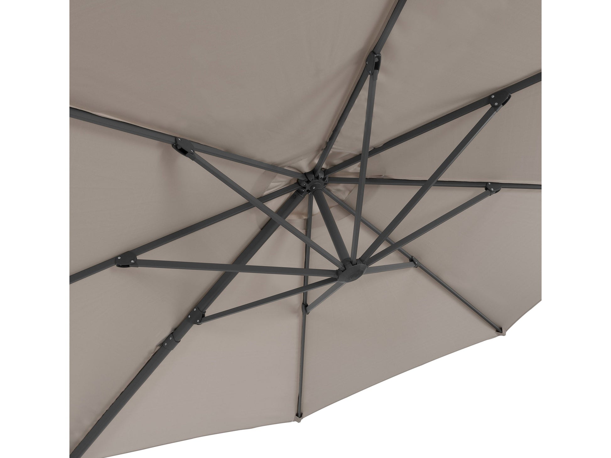Large grey 11.5ft offset patio umbrella with sturdy aluminum frame, adjustable tilt, and crank lift system, providing ample shade for outdoor seating areas. Ideal for patios, decks, and poolside lounging.