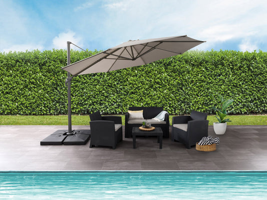 Large grey 11.5ft offset patio umbrella with sturdy aluminum frame, adjustable tilt, and crank lift system, providing ample shade for outdoor seating areas. Ideal for patios, decks, and poolside lounging.
