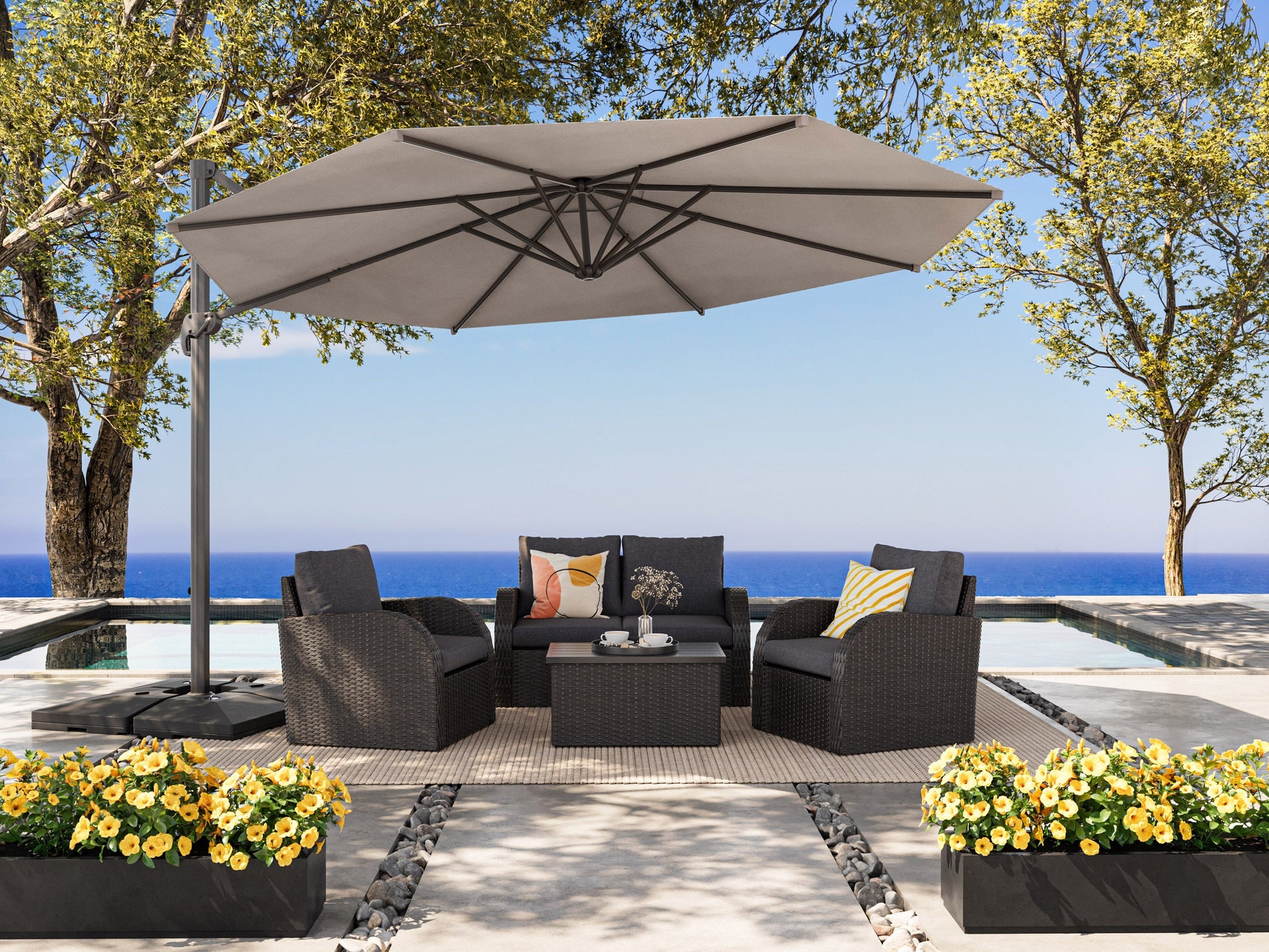 Large grey 11.5ft offset patio umbrella with sturdy aluminum frame, adjustable tilt, and crank lift system, providing ample shade for outdoor seating areas. Ideal for patios, decks, and poolside lounging.