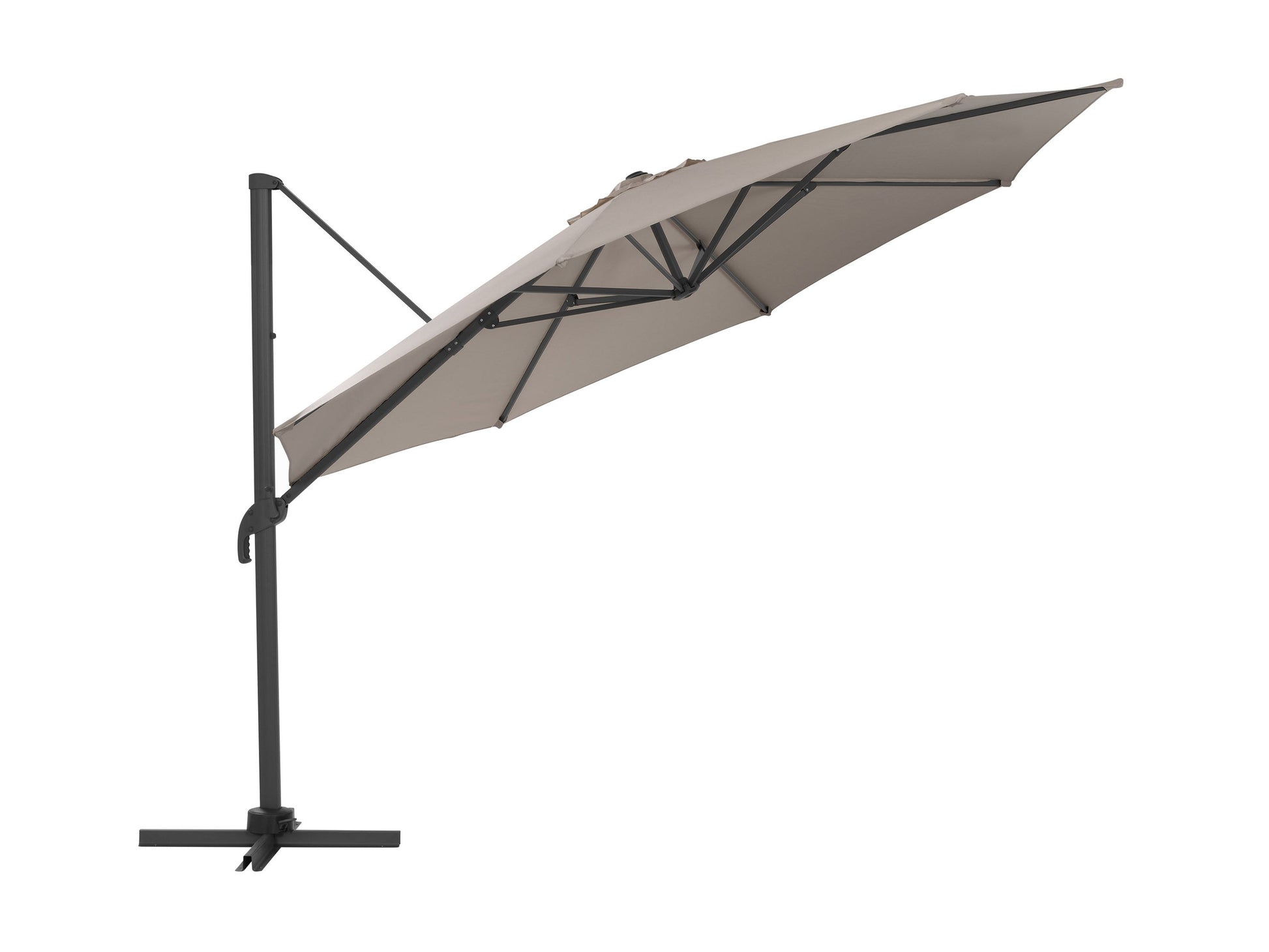 Large grey 11.5ft offset patio umbrella with sturdy aluminum frame, adjustable tilt, and crank lift system, providing ample shade for outdoor seating areas. Ideal for patios, decks, and poolside lounging.