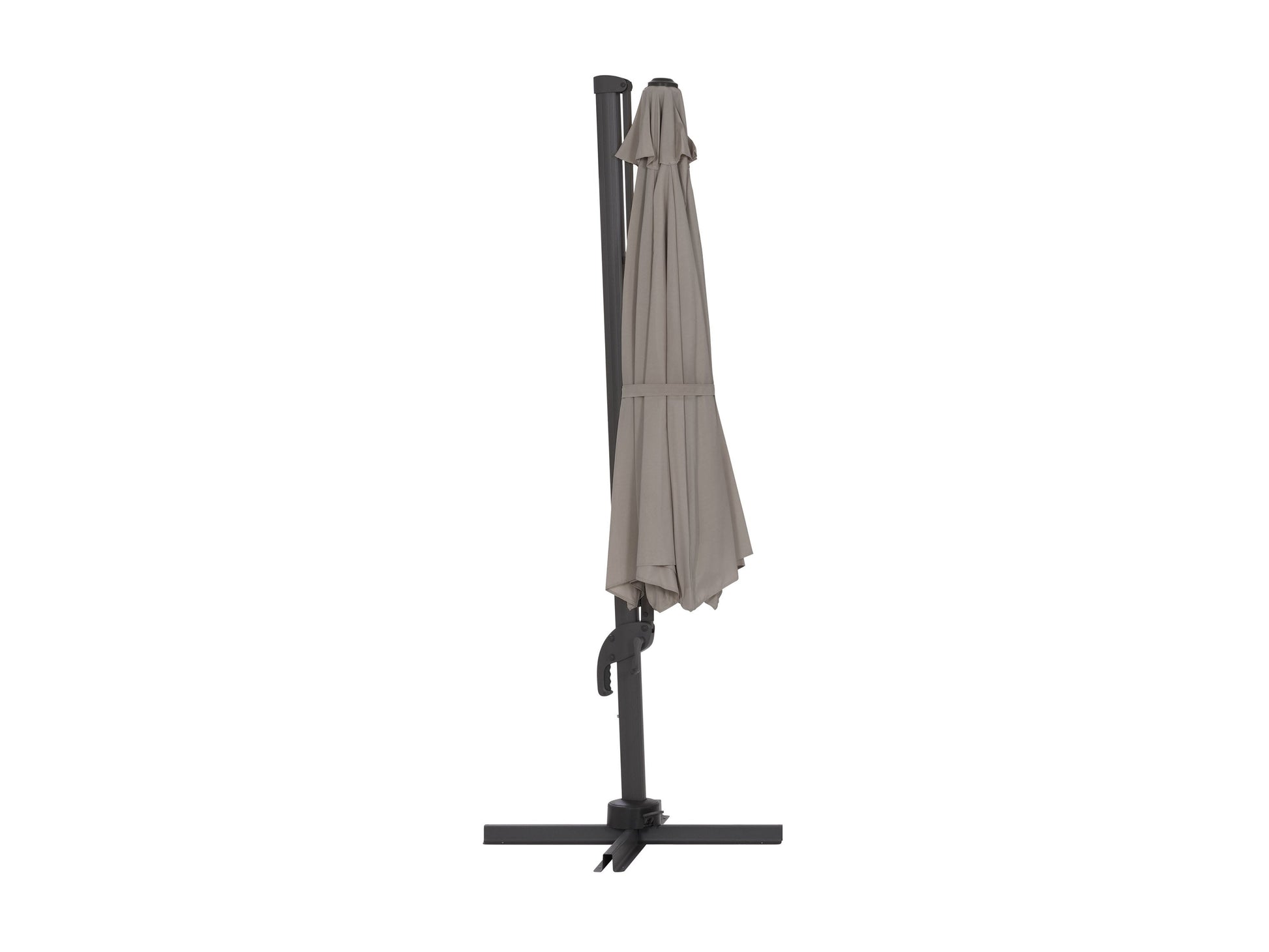 Large grey 11.5ft offset patio umbrella with sturdy aluminum frame, adjustable tilt, and crank lift system, providing ample shade for outdoor seating areas. Ideal for patios, decks, and poolside lounging.