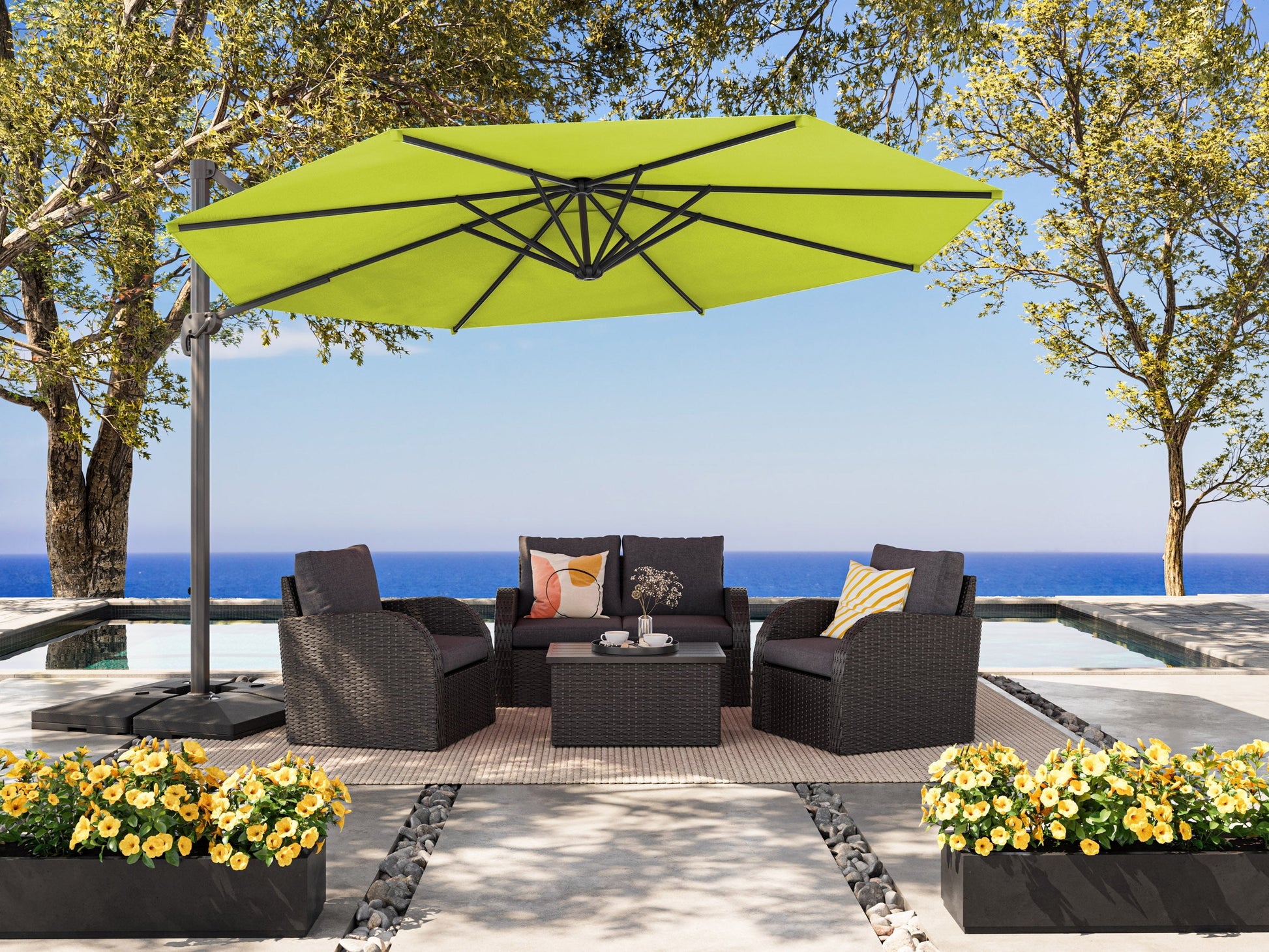 Lime green 11.5ft deluxe offset patio umbrella with sturdy aluminum frame, easy tilt mechanism, and UV-resistant fabric, providing ample shade for outdoor spaces.