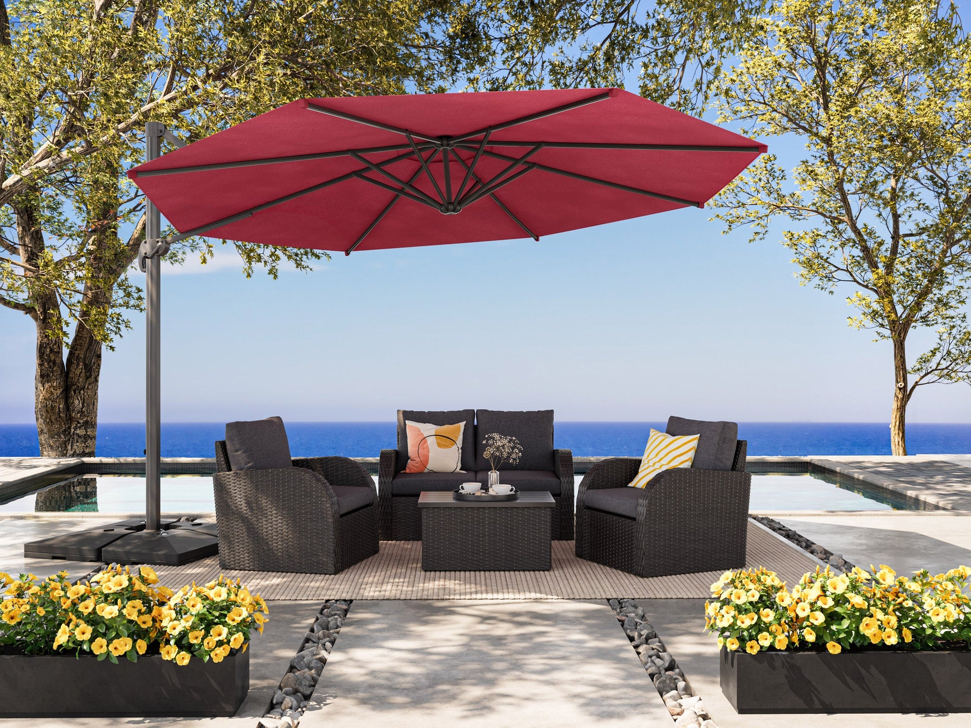 Wine red 11.5ft deluxe offset patio umbrella with sturdy aluminum frame, crank lift system, and UV-resistant canopy, perfect for outdoor shade on patios, gardens, or poolside areas.