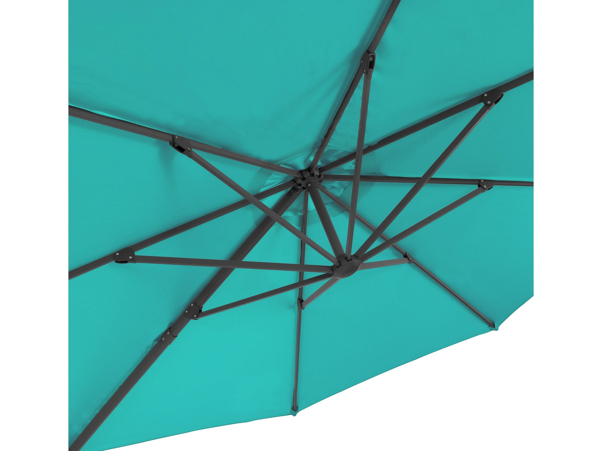 Turquoise 11.5ft deluxe offset patio umbrella with a sturdy aluminum frame, crank lift system, and UV-resistant fabric, providing ample shade for outdoor seating areas and enhancing patio decor.