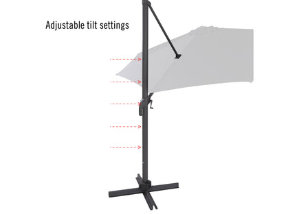 Turquoise 11.5ft deluxe offset patio umbrella with a sturdy aluminum frame, crank lift system, and UV-resistant fabric, providing ample shade for outdoor seating areas and enhancing patio decor.