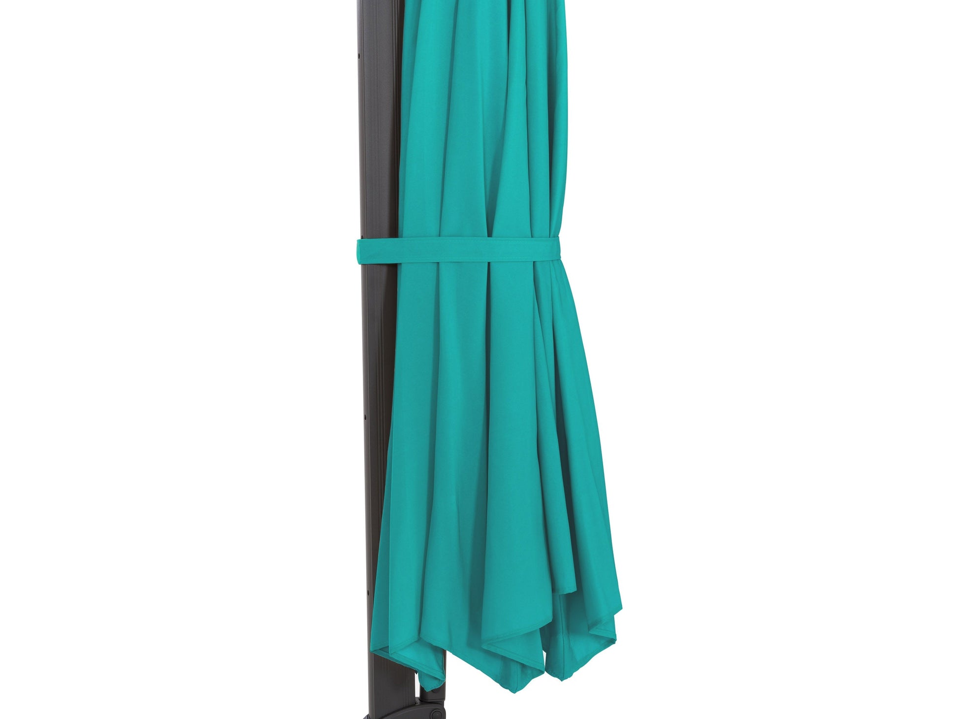 Turquoise 11.5ft deluxe offset patio umbrella with a sturdy aluminum frame, crank lift system, and UV-resistant fabric, providing ample shade for outdoor seating areas and enhancing patio decor.