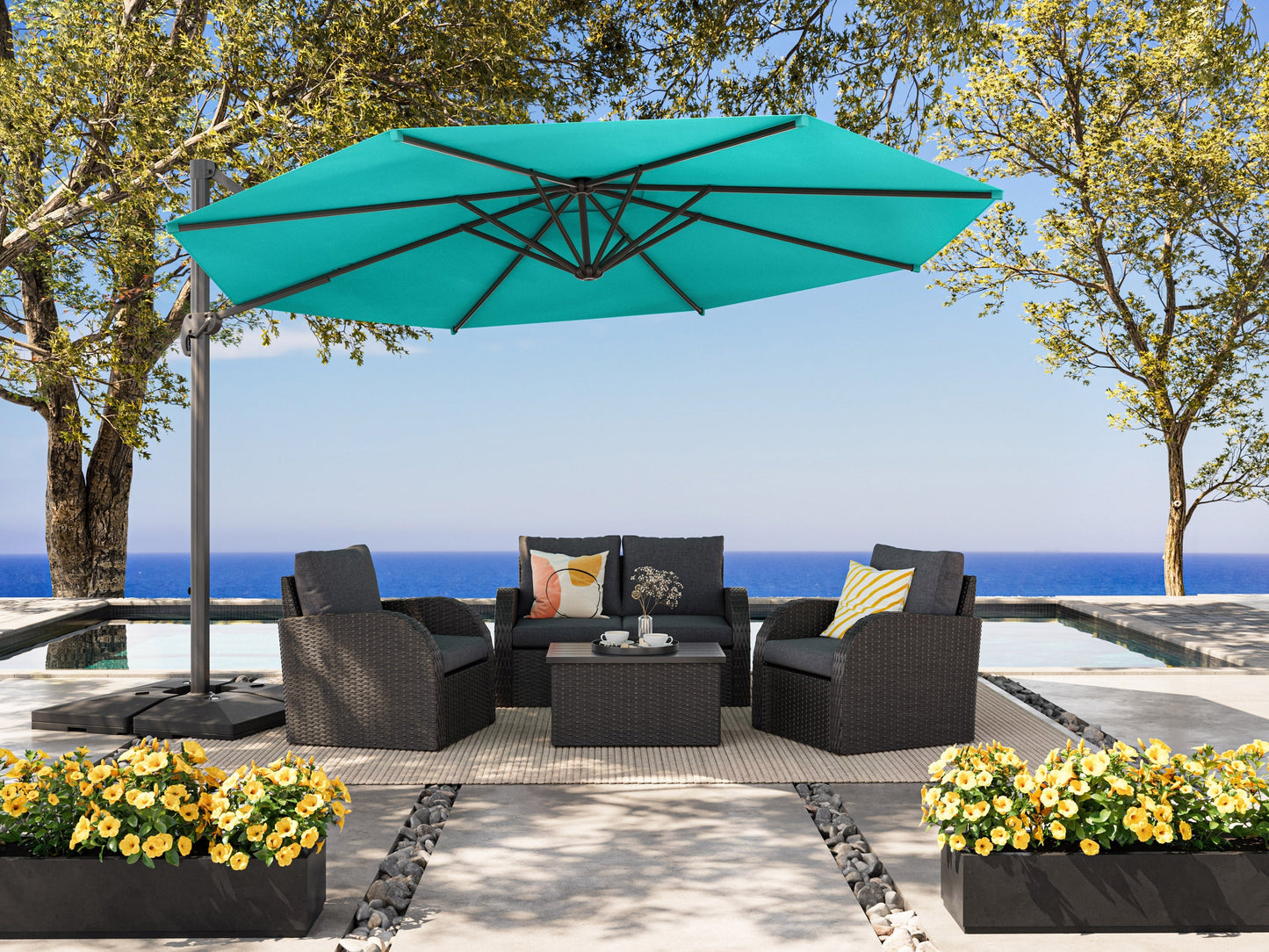 Turquoise 11.5ft deluxe offset patio umbrella with a sturdy aluminum frame, crank lift system, and UV-resistant fabric, providing ample shade for outdoor seating areas and enhancing patio decor.