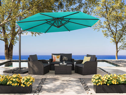 Turquoise 11.5ft deluxe offset patio umbrella with a sturdy aluminum frame, crank lift system, and UV-resistant fabric, providing ample shade for outdoor seating areas and enhancing patio decor.