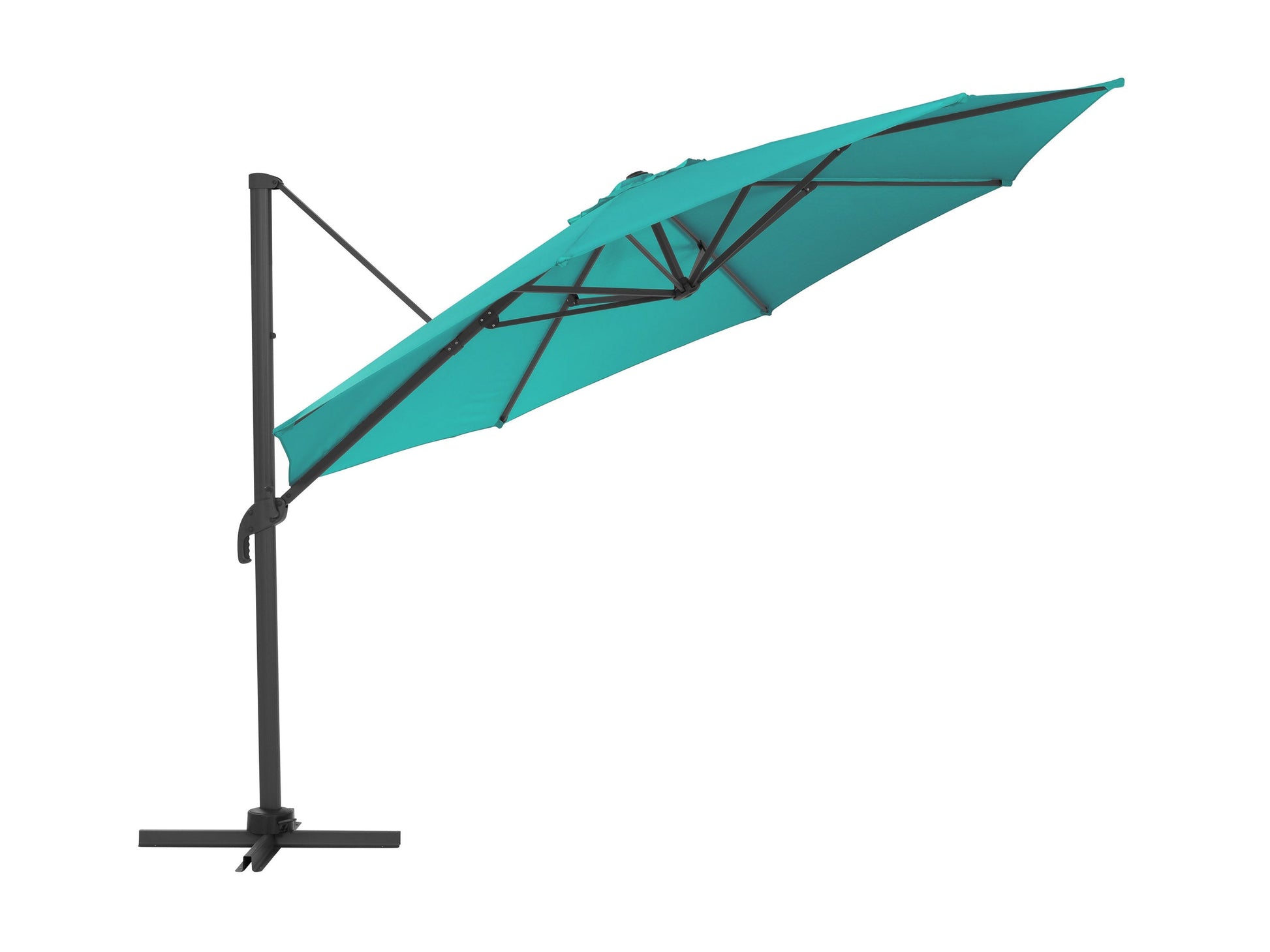 Turquoise 11.5ft deluxe offset patio umbrella with a sturdy aluminum frame, crank lift system, and UV-resistant fabric, providing ample shade for outdoor seating areas and enhancing patio decor.