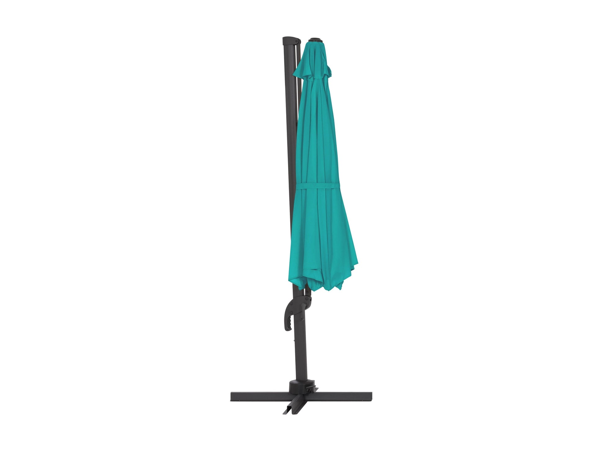 Turquoise 11.5ft deluxe offset patio umbrella with a sturdy aluminum frame, crank lift system, and UV-resistant fabric, providing ample shade for outdoor seating areas and enhancing patio decor.