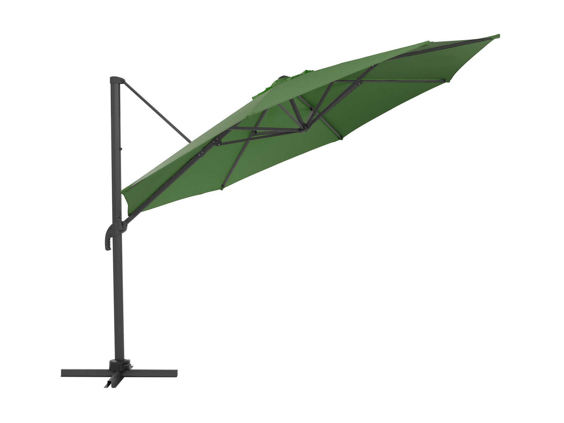 11.5ft deluxe offset patio umbrella in forest green with sturdy aluminum frame, crank lift system, and UV-resistant canopy, perfect for outdoor shading on patios, gardens, and pool areas.