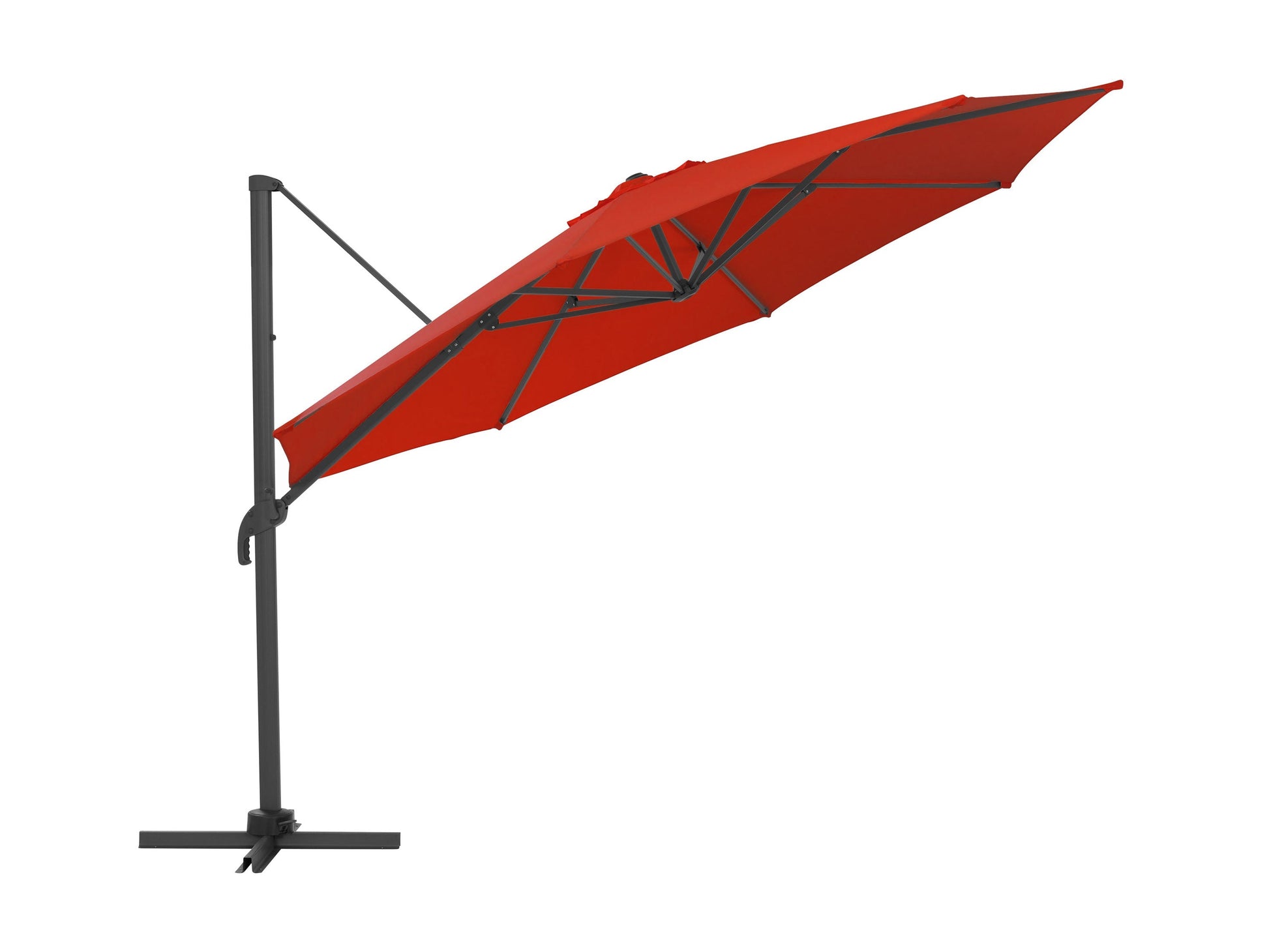 Crimson red deluxe offset patio umbrella with 11.5ft canopy, featuring a sturdy aluminum frame, adjustable tilt, and weather-resistant fabric, ideal for outdoor seating areas and garden decor.