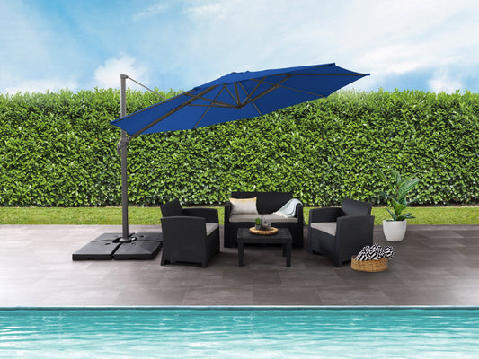 Alt Tag: Cobalt blue 11.5ft deluxe offset patio umbrella with sturdy metal frame, adjustable tilt, and UV-resistant fabric for outdoor shade.