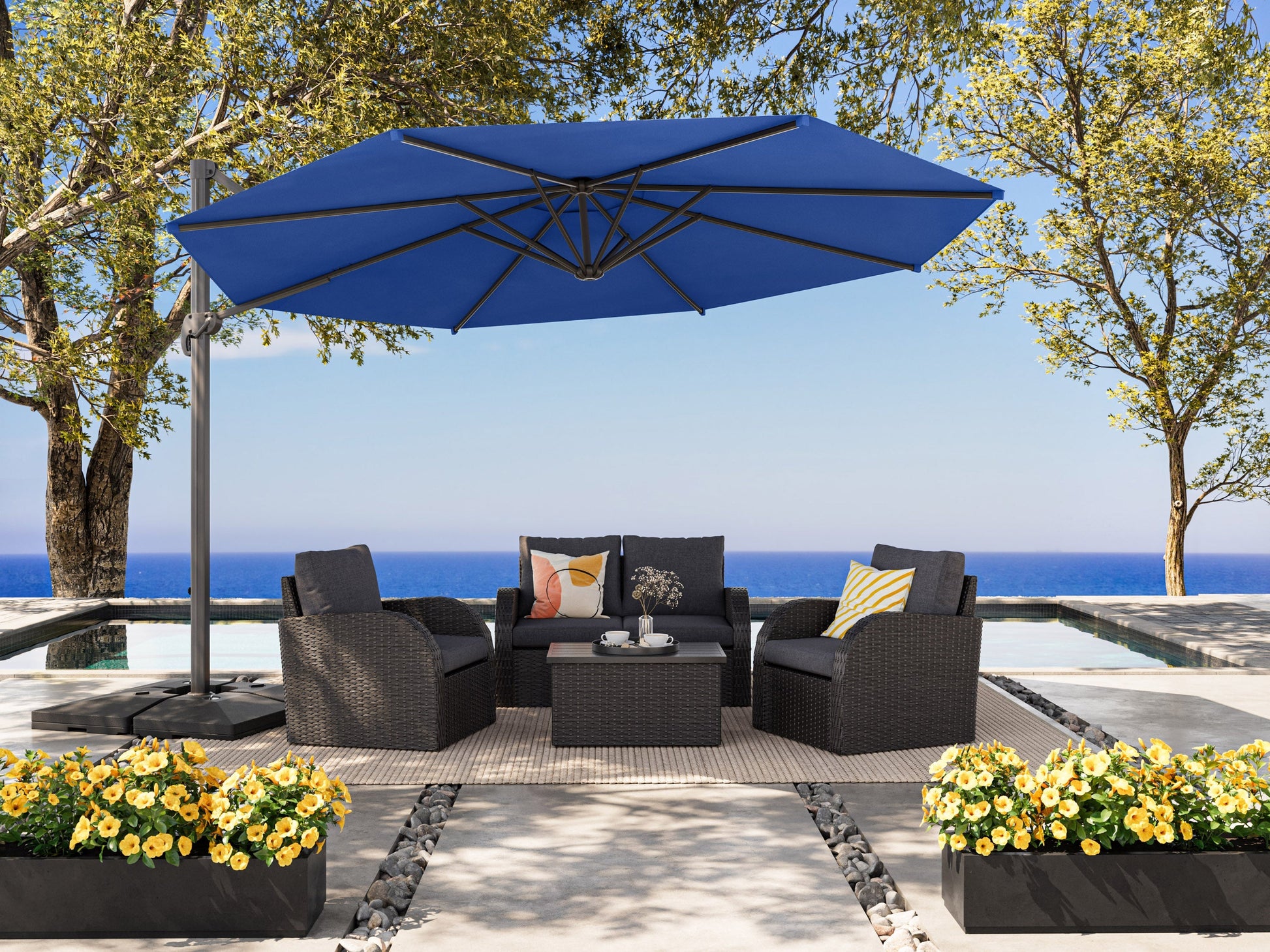 Alt Tag: Cobalt blue 11.5ft deluxe offset patio umbrella with sturdy metal frame, adjustable tilt, and UV-resistant fabric for outdoor shade.