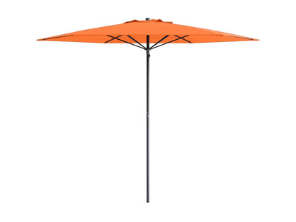 Bright orange 7.5ft beach umbrella with sturdy aluminum pole, UV-resistant fabric, and tilt mechanism for adjustable shade. Perfect for outdoor use, providing ample sun protection on sandy beaches or backyard patios.
